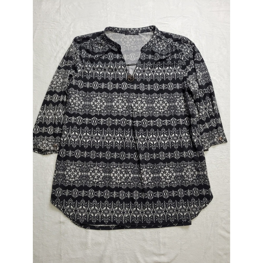 Valolia Tunic Blouse Womens XXL Black White Damask V-Neck 3/4 Sleeve
